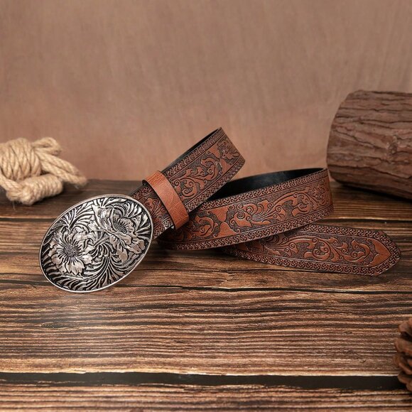 Silver tone Flower Buckle Casual Women's Western Patterned Polyurethane Belt - Picture 3 of 4